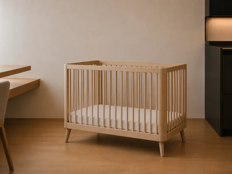 Weißes Babybett in einem dunklen Schlafzimmer