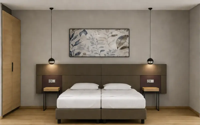Schlafzimmer mit Doppelbett, zwei Nachttischen, zwei hängenden Lampen und einem großen Wandbild mit Pflanzenmotiv