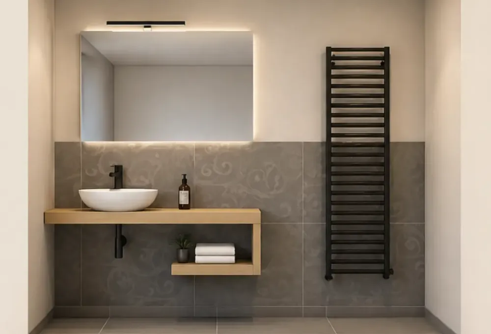 Modernes Badezimmer mit wandmontiertem Waschbecken, großem Spiegel, offenem Holzregal und schwarzem Handtuchheizkörper an grauer Wand