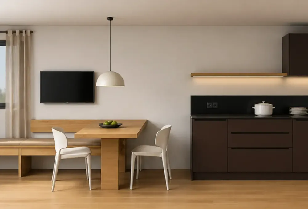 Moderne Wohnküche mit dunklen Küchenmöbeln, Holztisch mit zwei weißen Stühlen, Sitzbank unter Fenster und Wandfernseher
