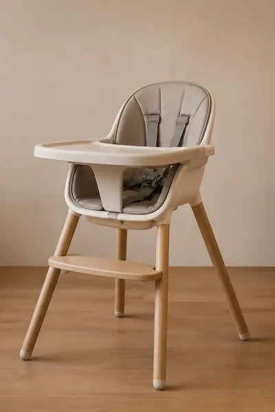 Weißer Babyhochstuhl auf Holzboden vor heller Wand