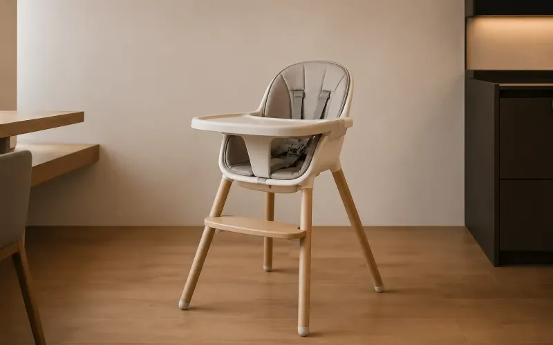 Moderner Hochstuhl mit gepolstertem Sitz und Sicherheitsgurt in einem hellen Raum mit Holzboden