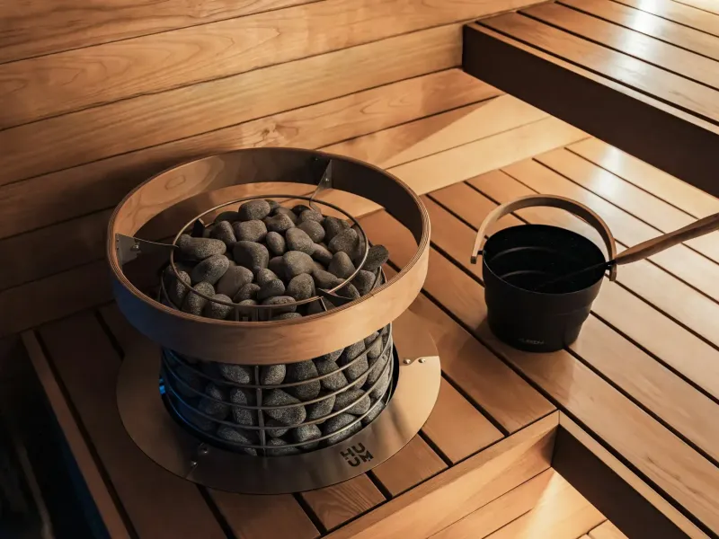 Saunaofen mit schwarzen Saunasteinen und schwarzem Wasserkübel auf hellen Holzliegen in der Sauna
